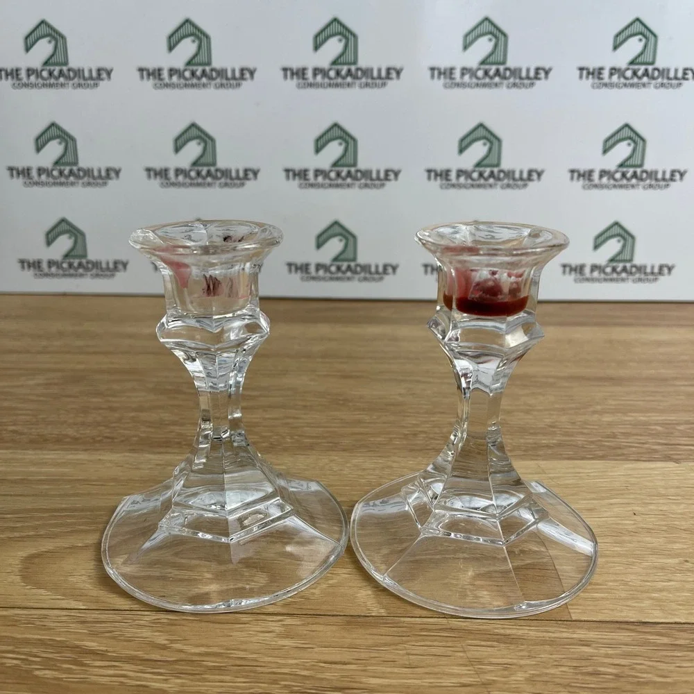 Vintage Clear Glass Taper Candle Holders Set of 2 Faceted Hexagonal Stem 4.25in